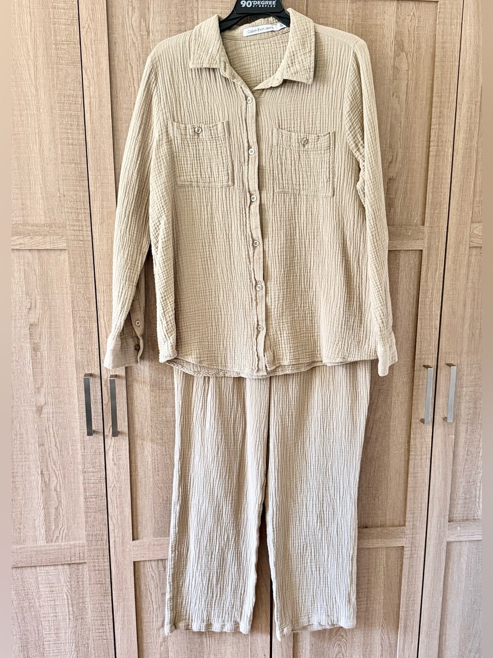 Calvin Klein Jeans Beige Cotton Gauze Wide-Leg Pants and Button-Up Shirt Set